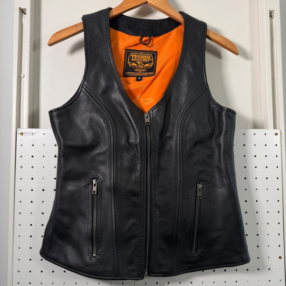 Milwaukee Leather Womens Black Motorcycle Vest Zip Front Orange Lining Small